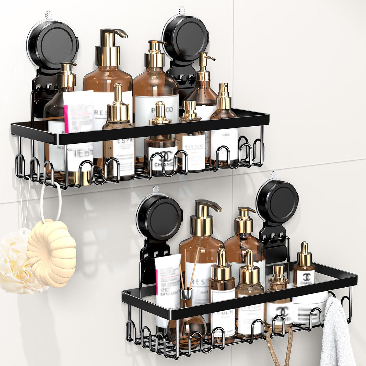 JOTPE shower caddy 2-pack mounted on smooth tile offers ample storage without drilling.