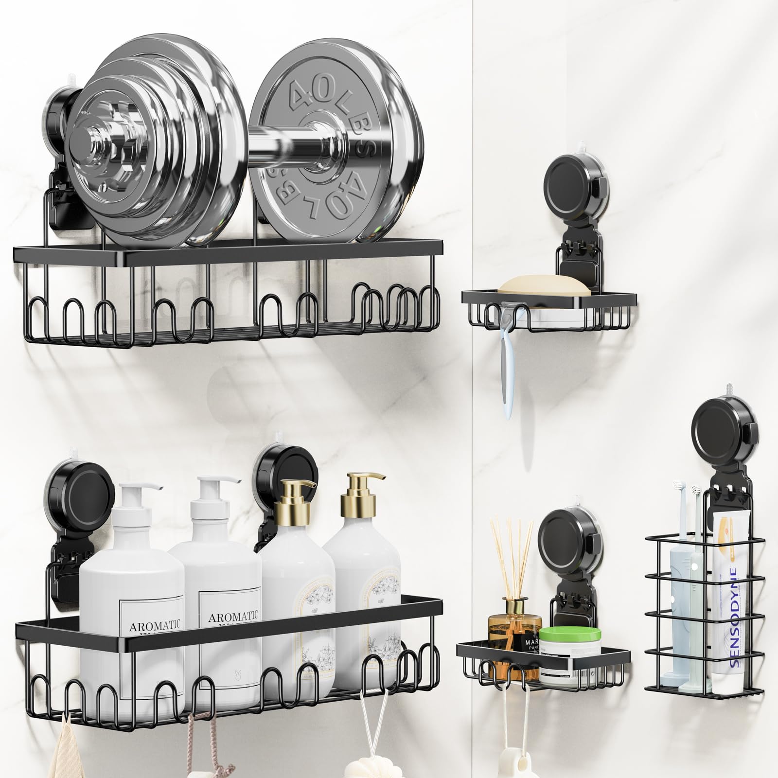 JOTPE shower caddy suction cup five-pack mounted for clutter-free bathroom storage.