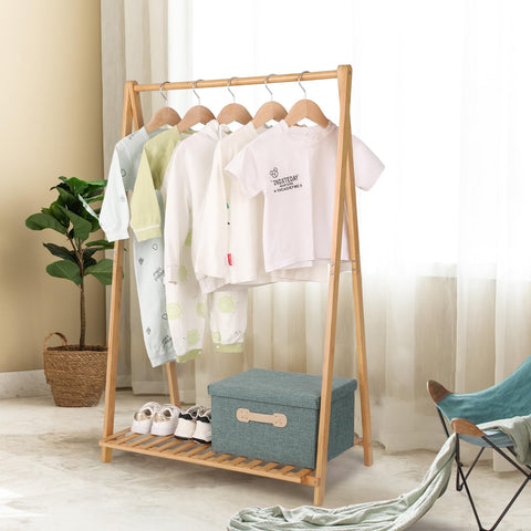 Jotsport bamboo dress-up rack bottom shelf stores shoes and props.