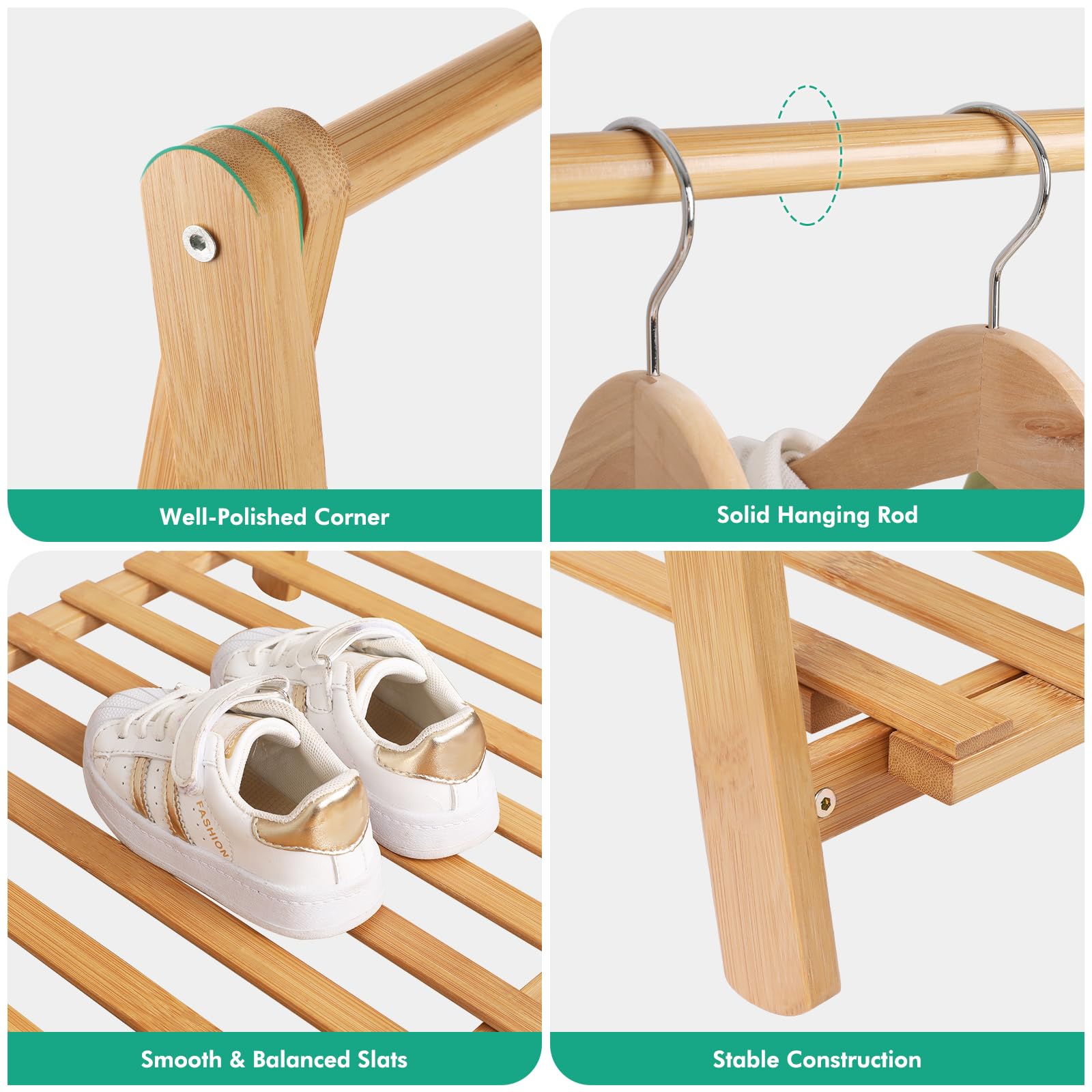 Jotsport foldable bamboo rack saves space in playroom.