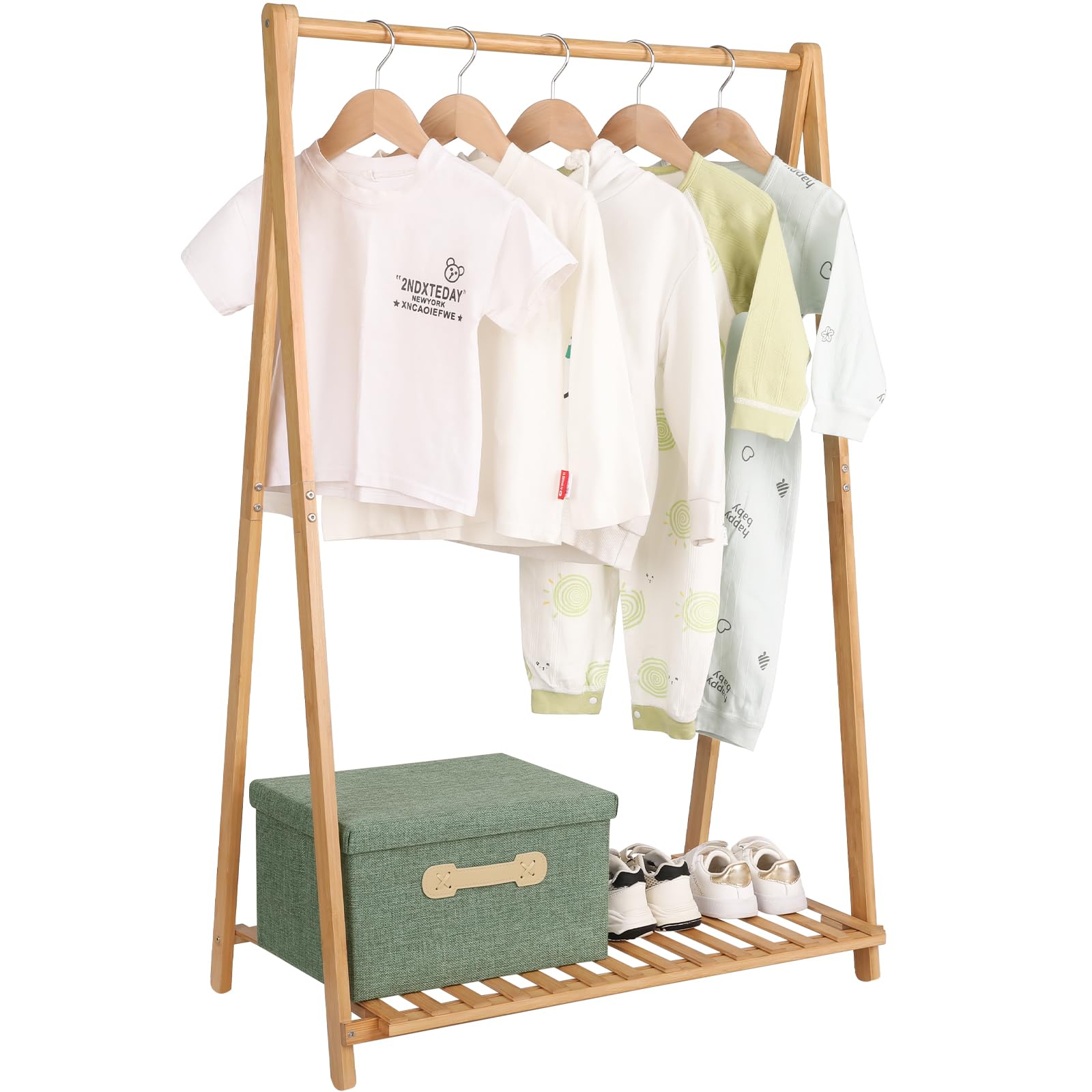 Jotsport bamboo dress-up rack in full view for kid-friendly storage and organization.