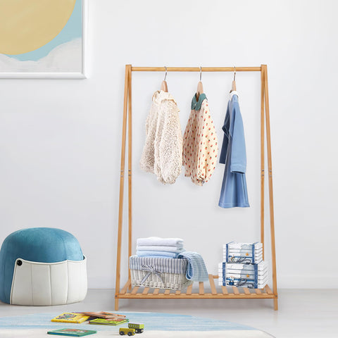 Jotsport bamboo dress-up rack with hanging area for quick toddler outfit changes.
