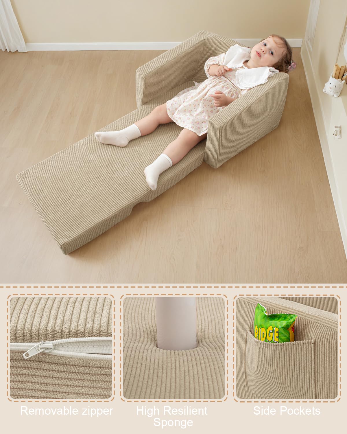Jouha high-density foam provides gentle support for growing kids.