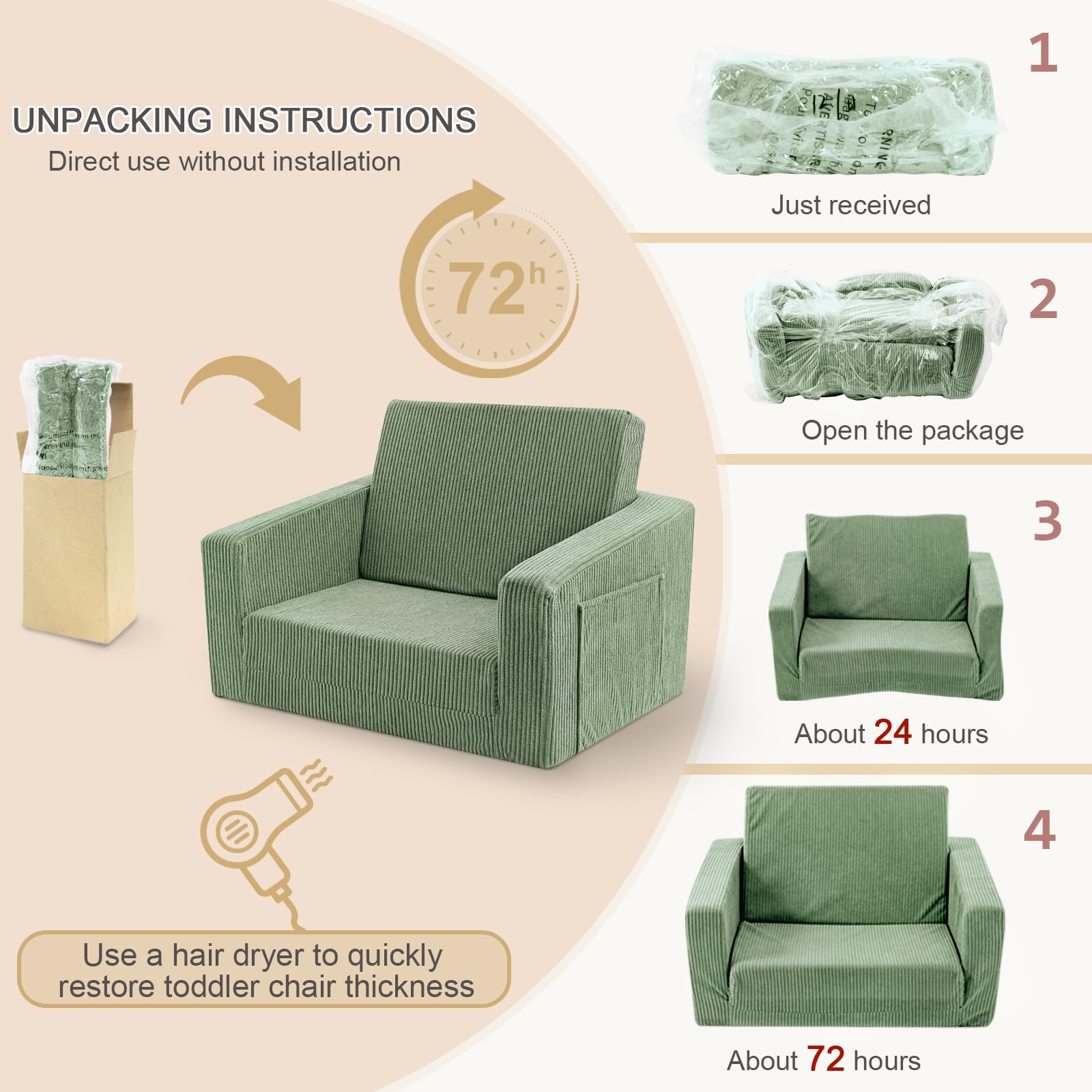Jouha Toddle Chair unfolds quickly for simple setup.