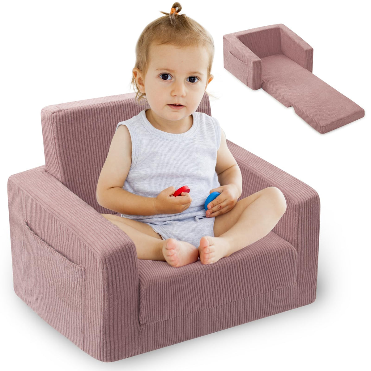 Jouha Toddle Chair folding sofa pink shown for easy transformation and cozy seating.
