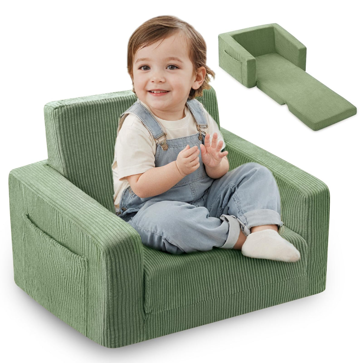 Jouha Toddle Chair green fold-out in use for reading and playtime.