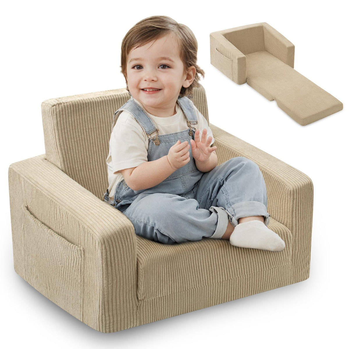 Jouha toddler chair fold-out in beige for comfy reading and play.