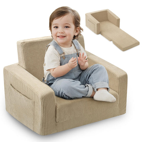 Jouha toddler chair fold-out in beige for comfy reading and play.
