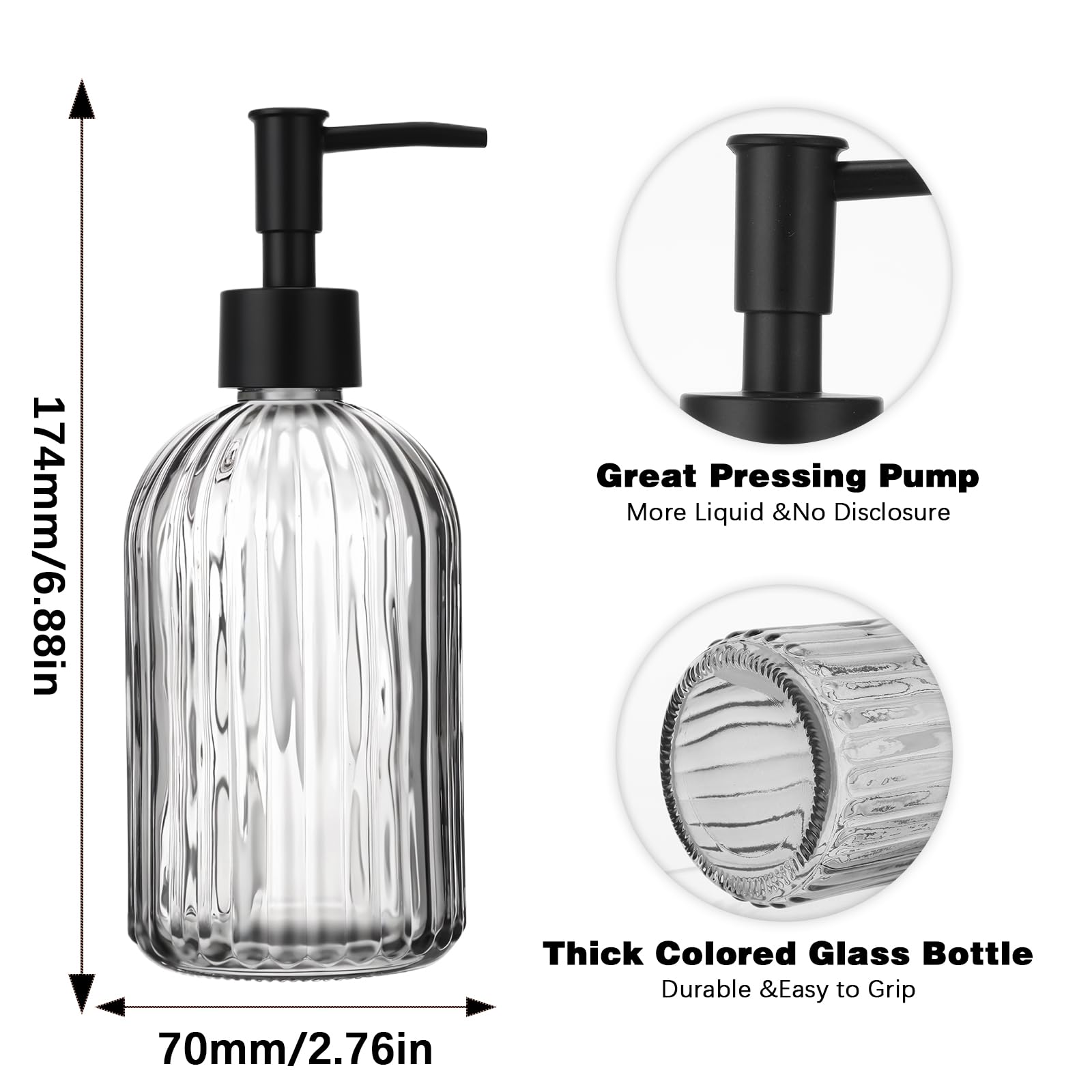 Close-up of JOUTYFOR glass dispenser showing sturdy pump and ridge design