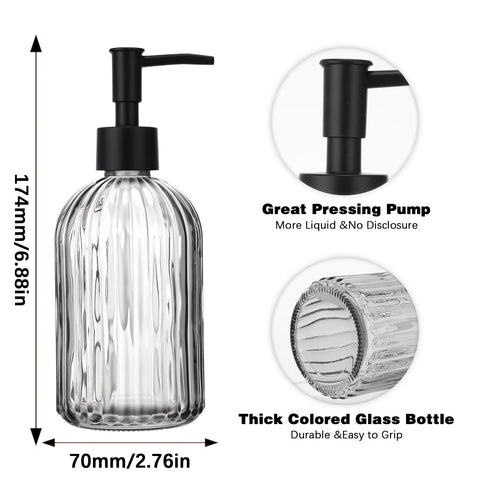 Close-up of JOUTYFOR glass dispenser showing sturdy pump and ridge design