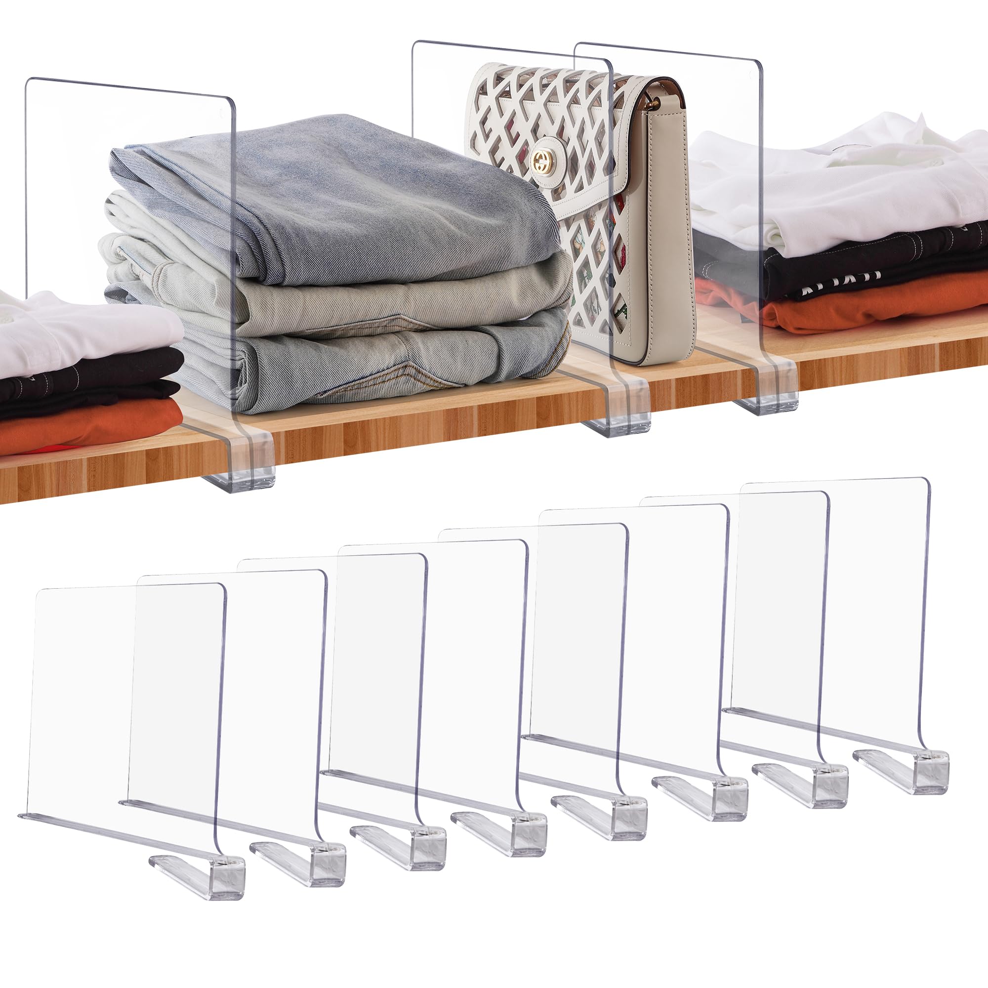 JOY DECOR acrylic shelf divider keeps clothes neatly organized in the closet.