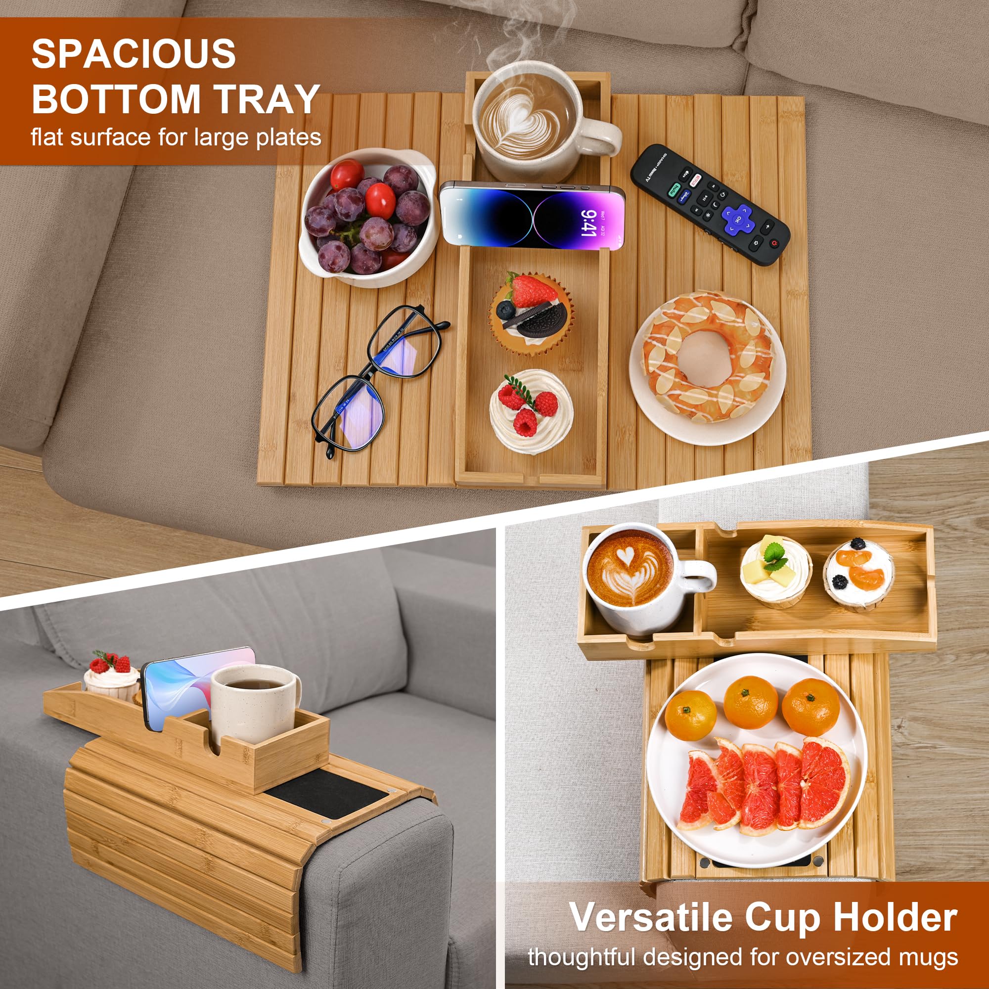 Joy&Grace dual non-slip tray keeps drinks steady on sofa surfaces.
