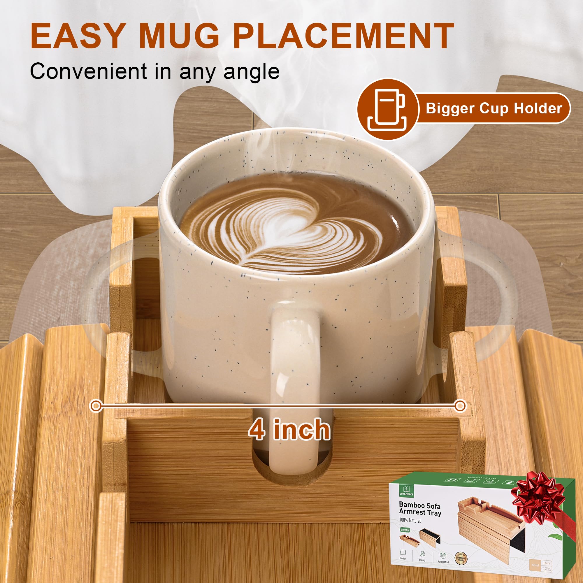Joy&Grace universal-fit armrest tray adapts to varied sofa arms.