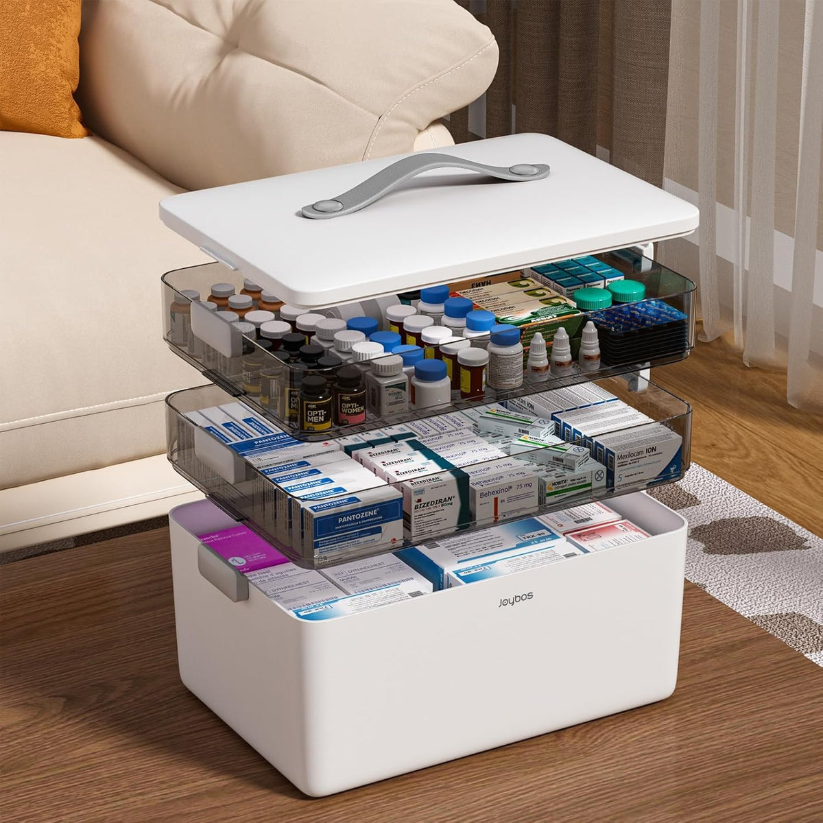 JOYBOS 3-Tier Medicine Storage Box front view, compact home organizer for medications