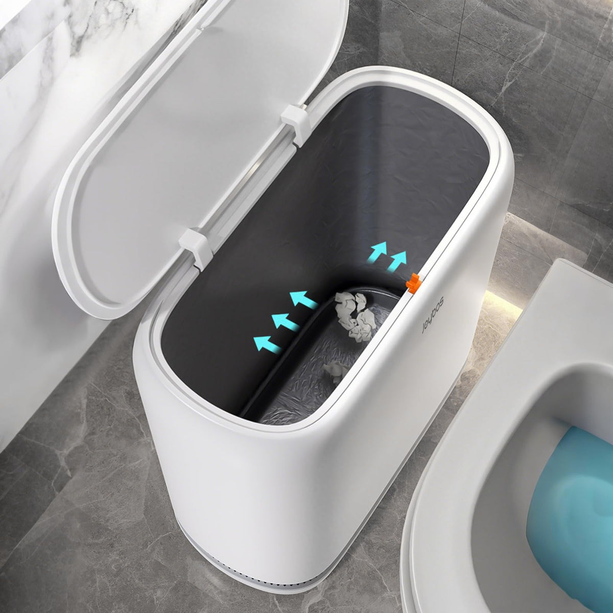 JOYBOS push-lid bathroom trash can showing one-handed use and wall adsorption.