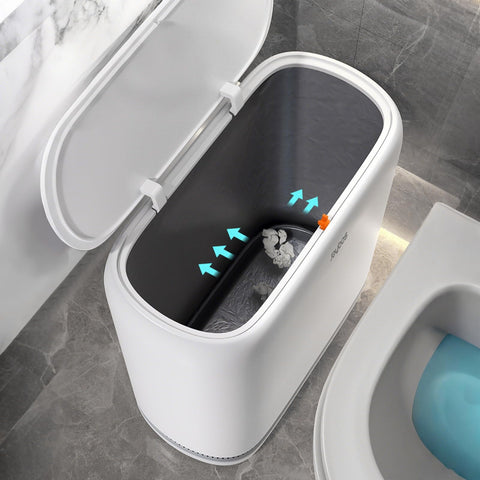 JOYBOS push-lid bathroom trash can showing one-handed use and wall adsorption.