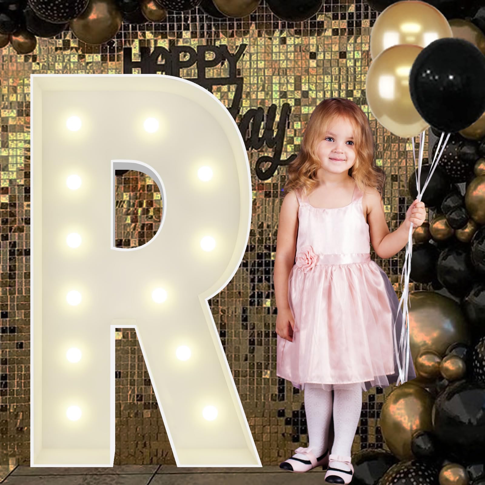 JoyBox Design 4ft Marquee Letter R front view, ideal centerpiece for birthdays and weddings