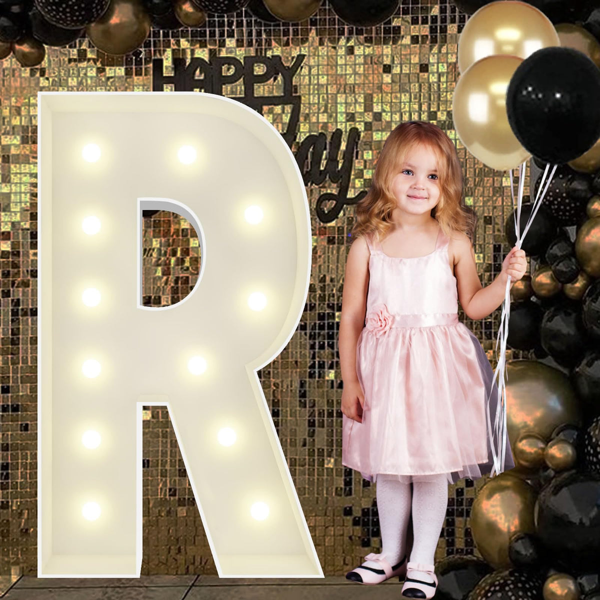 JoyBox Design 4ft Marquee Letter R front view, ideal centerpiece for birthdays and weddings