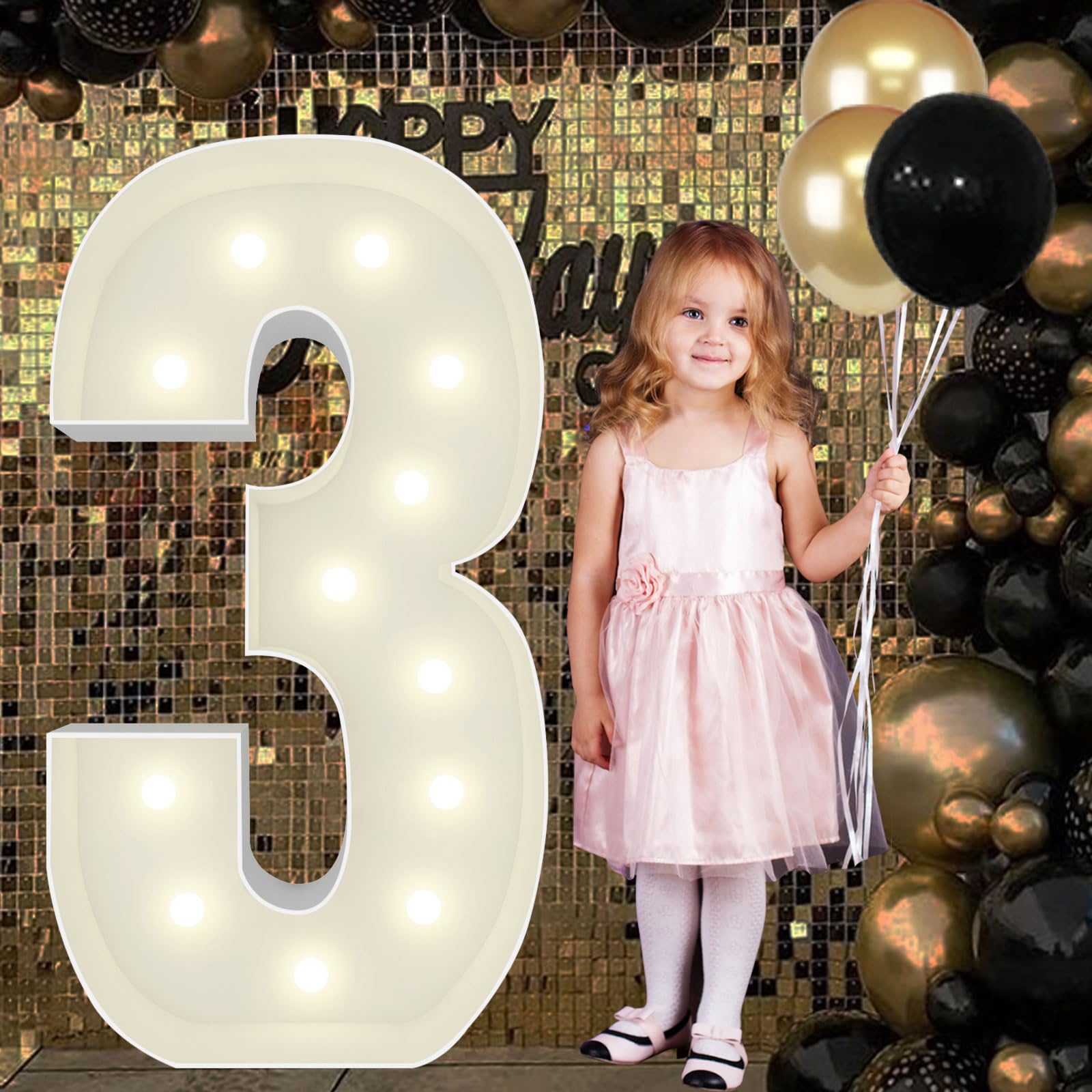 JoyBox Design 4ft marquee numbers frame creates a bold birthday centerpiece.