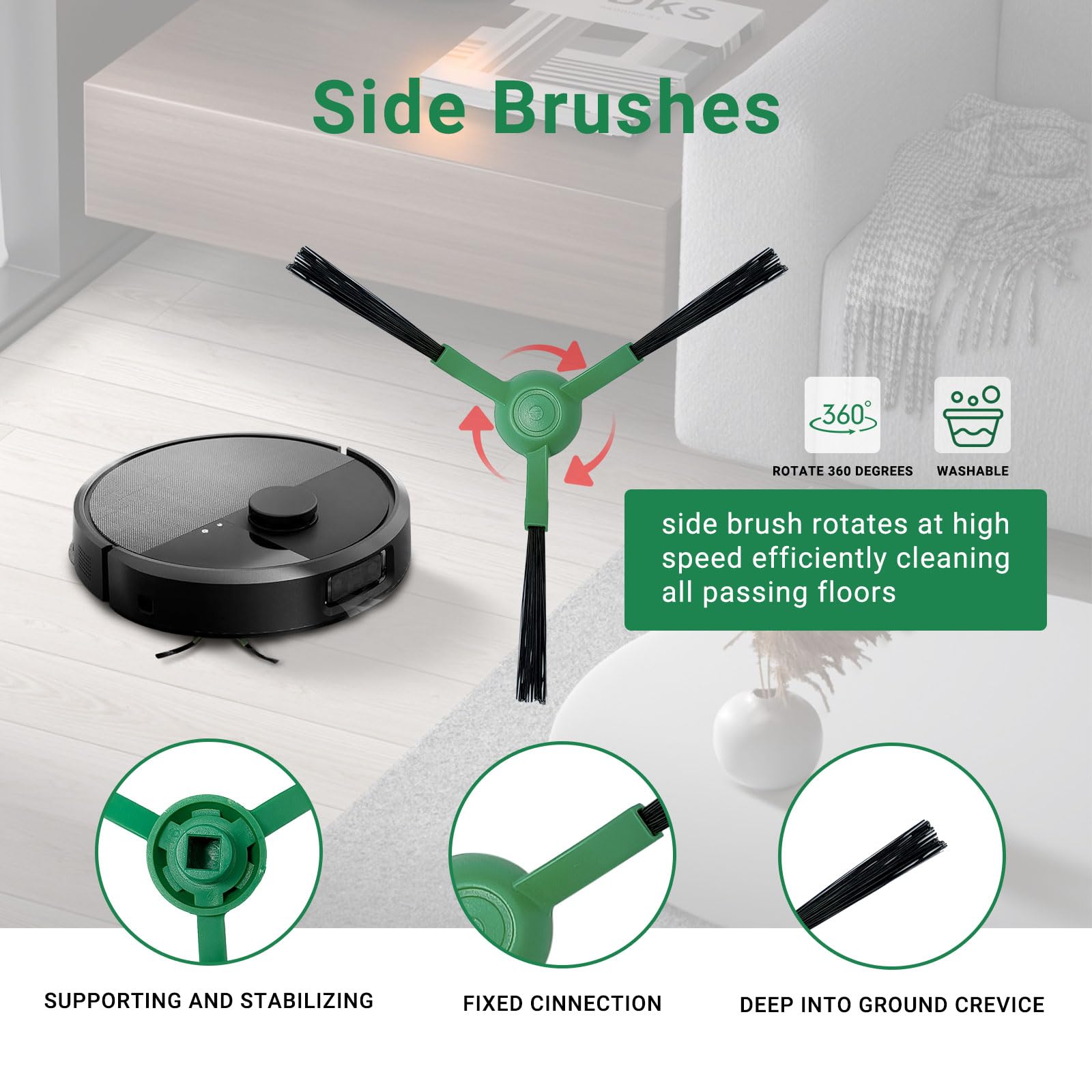 JoyBros Roomba Max 705 side brushes reach corners and baseboards effectively.