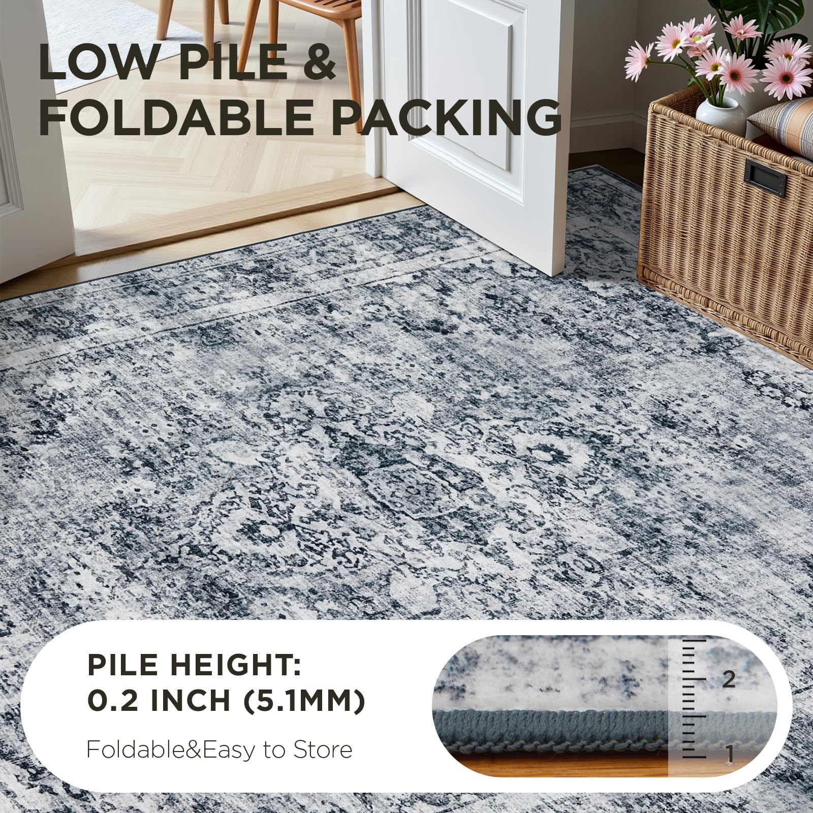 Joydeco 5x7 area rug non-slip backing enhances safety in high-traffic spaces.