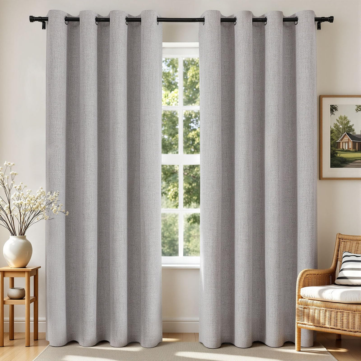 Joydeco blackout curtains bedroom setup shows privacy and linen texture.