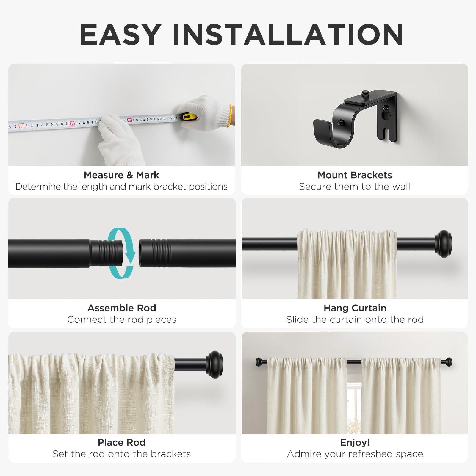 Joydeco black curtain rod in a living room setting for drapery use.