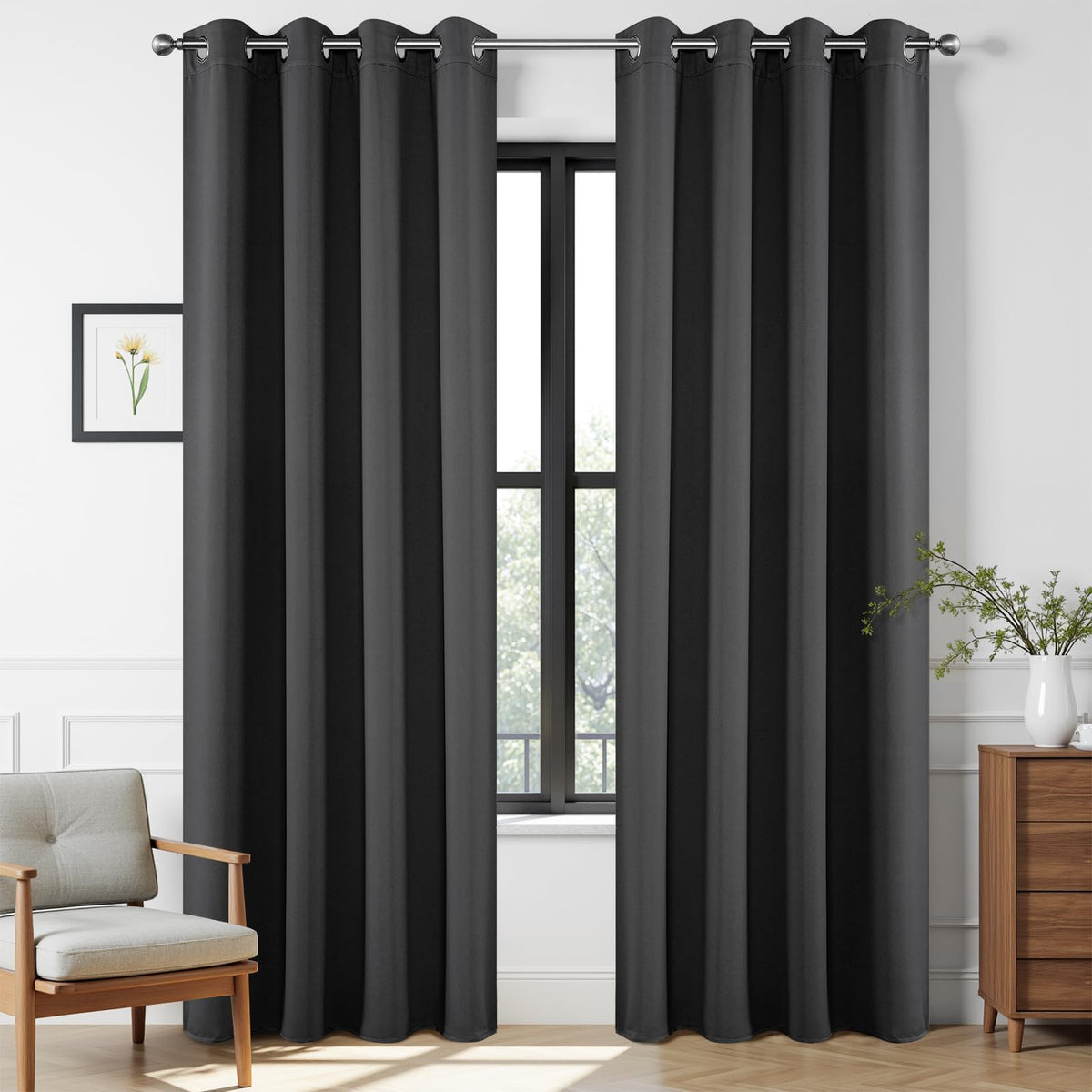Joydeco blackout curtains 108in set blocks light for better sleep.