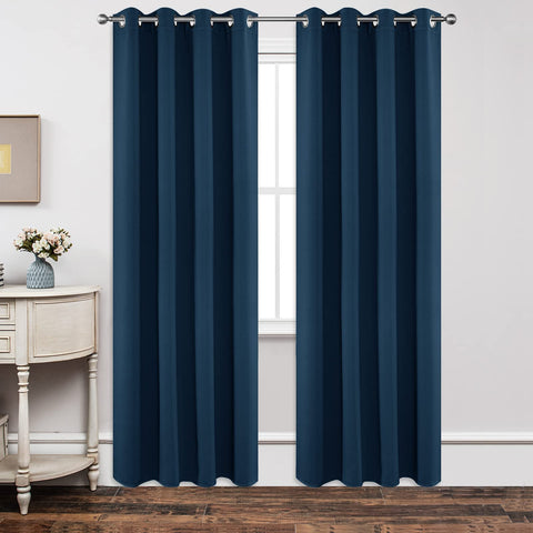 Joydeco navy blackout curtains block light for restful mornings.