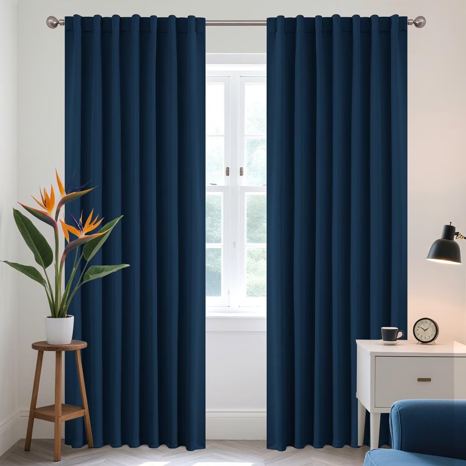 Joydeco blackout curtains 96in navy blue front view, blocks light for better sleep.