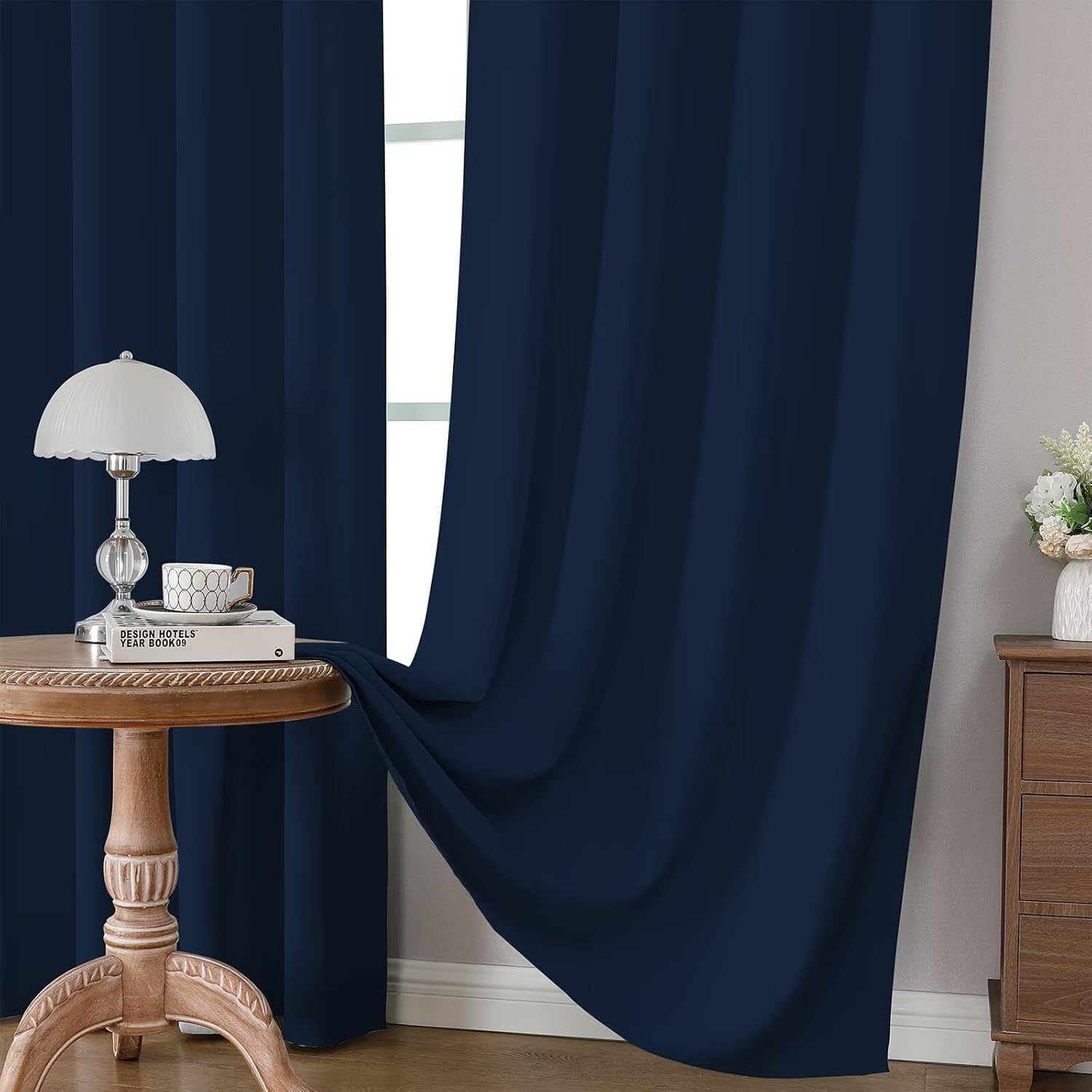 Joydeco blackout curtains 96in navy blue noise reduction creates quieter mornings.