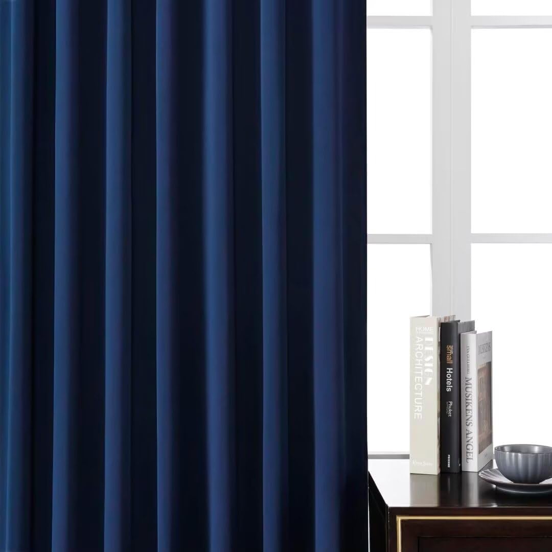Joydeco blackout curtains 96in navy blue dim room ambiance for movie nights.