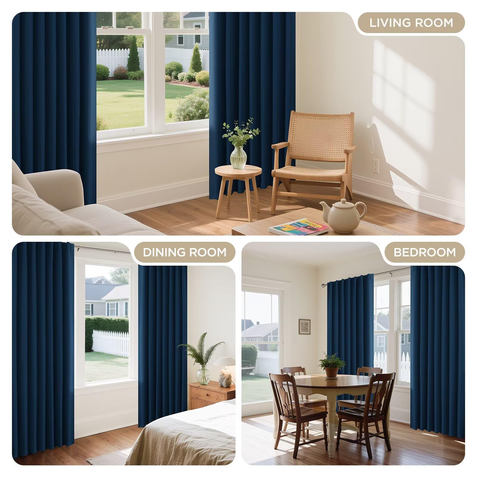 Joydeco blackout curtains 96in navy blue fabric texture adds premium feel.