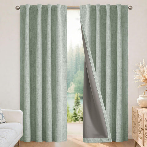 Joydeco blackout curtains in sage green with linen texture and premium look.