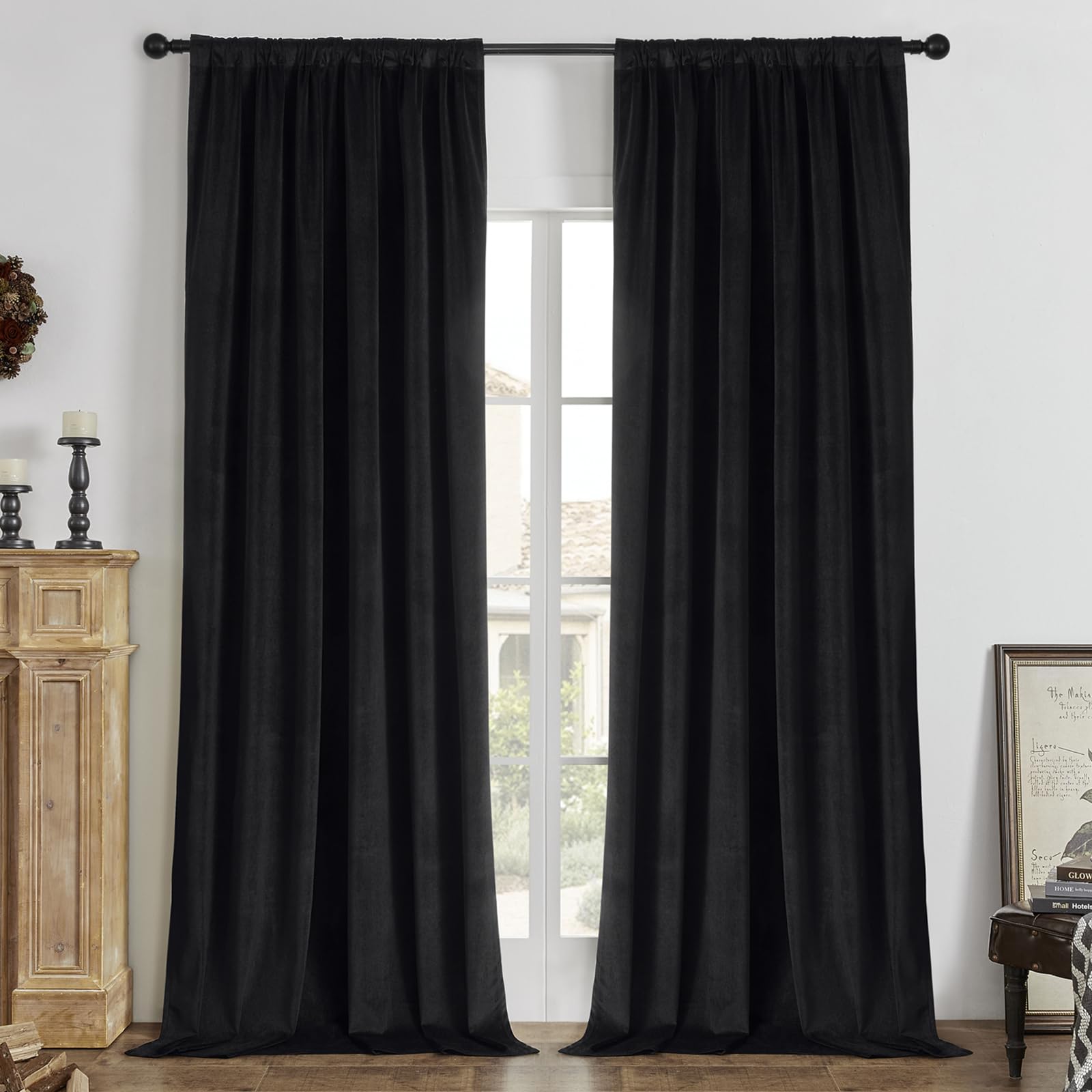 Joydeco Blackout Velvet Curtains close-up reveals rich texture for a luxurious bedroom ambiance.