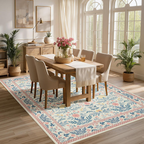 Joydeco floral pattern rug blends boho charm with practicality.