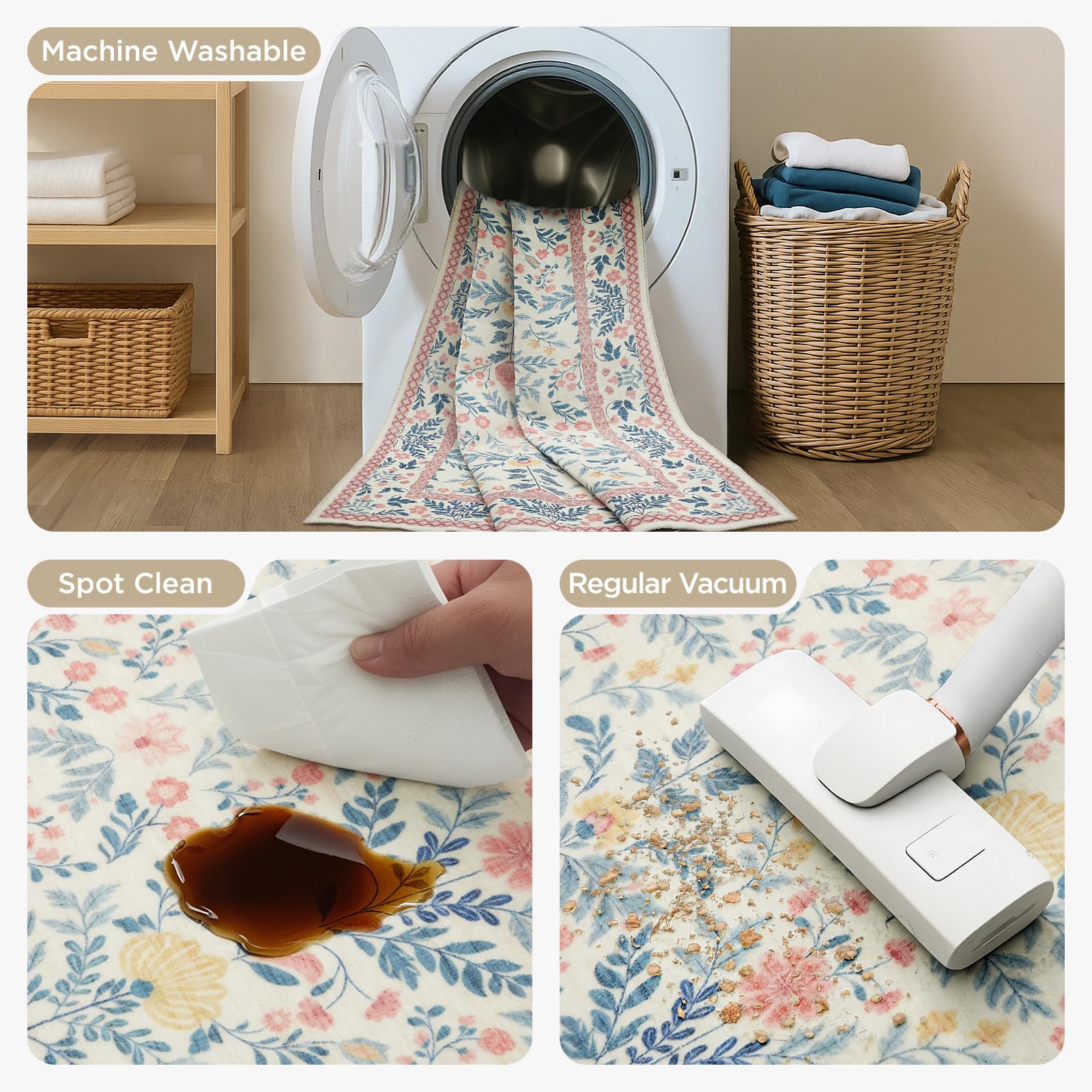 Joydeco machine-washable rug for quick cleanups and simple maintenance.
