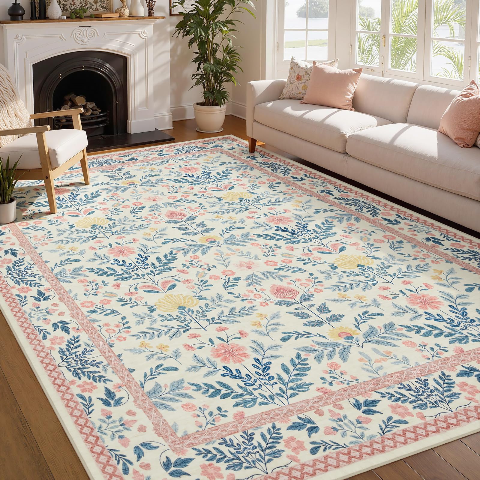Joydeco boho floral rug with plush texture for a cozy kid's room.