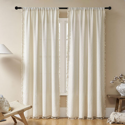 Joydeco linen beige boho curtains two panels 84 inches for soft privacy