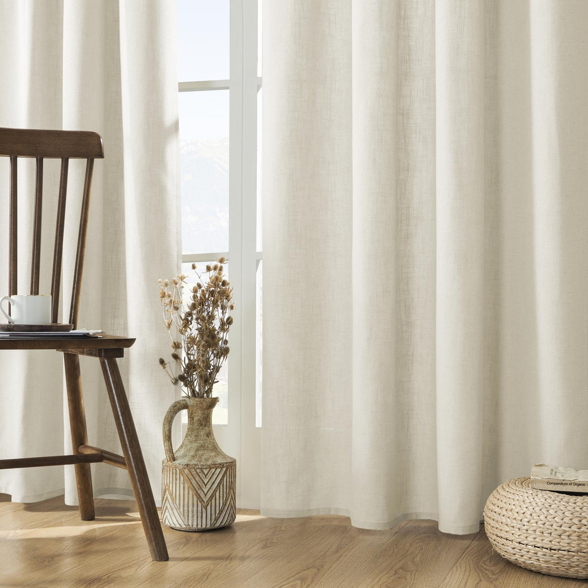 Joydeco linen curtains 96-inch length ivory softly filter light.