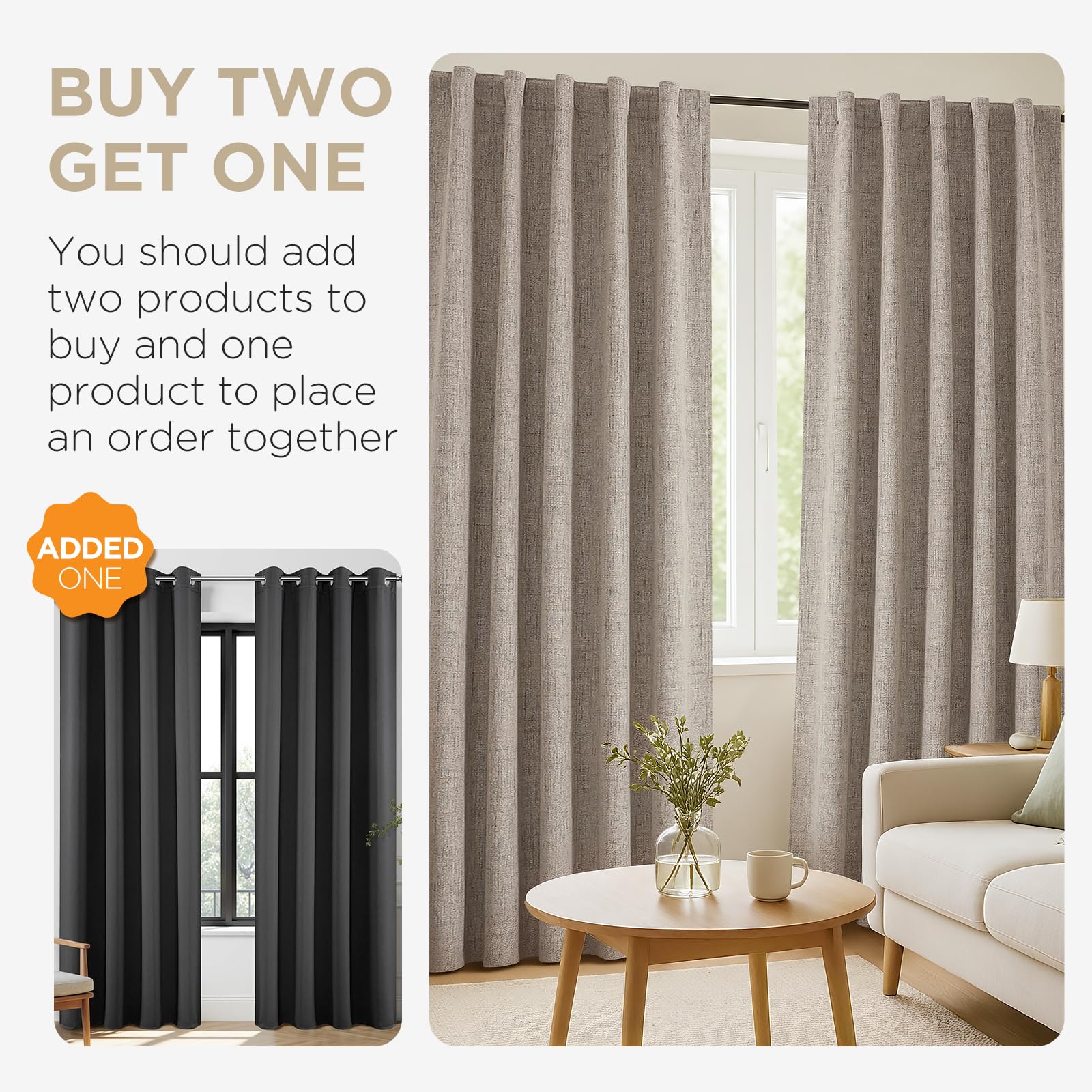 Joydeco linen curtains close-up highlights premium fabric and drape for living spaces