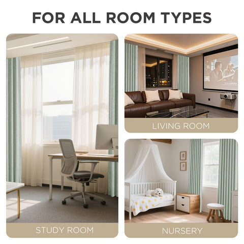 Joydeco living room drapes in sage green with calm ambience.