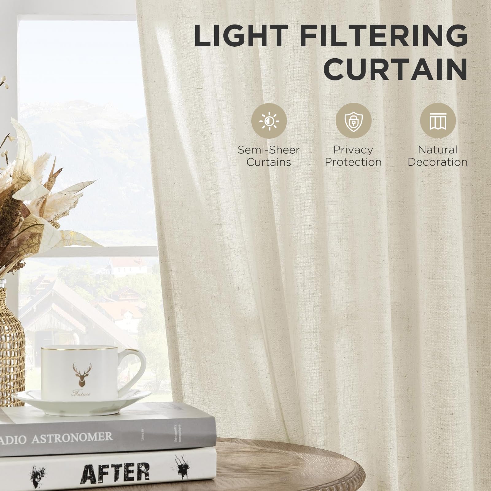 Joydeco ivory linen blend drapes provide soft light control and style.