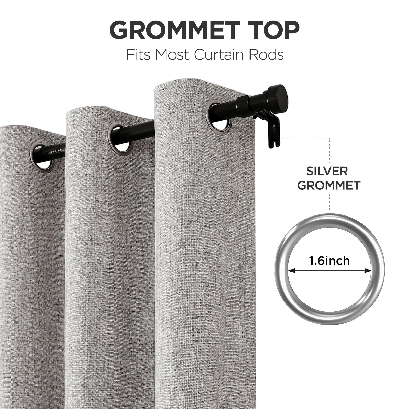 Joydeco smooth glide grommets closeup highlight easy opening and balanced fabric weight.