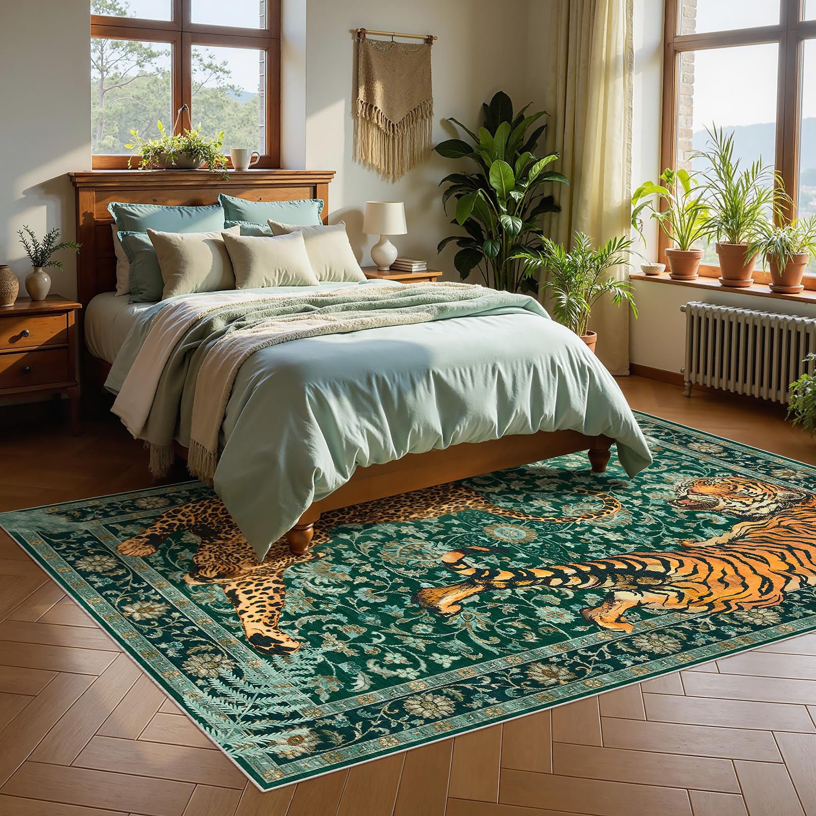 Joydeco tiger print 5x7 rug in bedroom — bold design to refresh space.