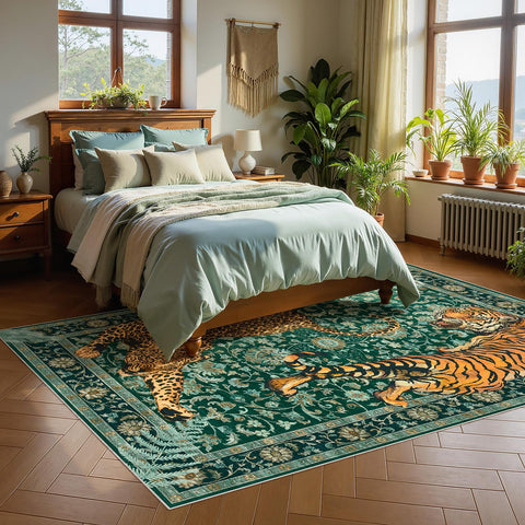 Joydeco tiger print 5x7 rug in bedroom — bold design to refresh space.