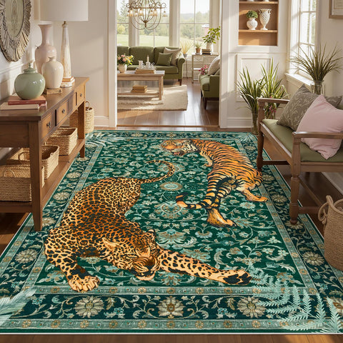 Joydeco tiger print 5x7 rug kid-friendly and pet-friendly surface.