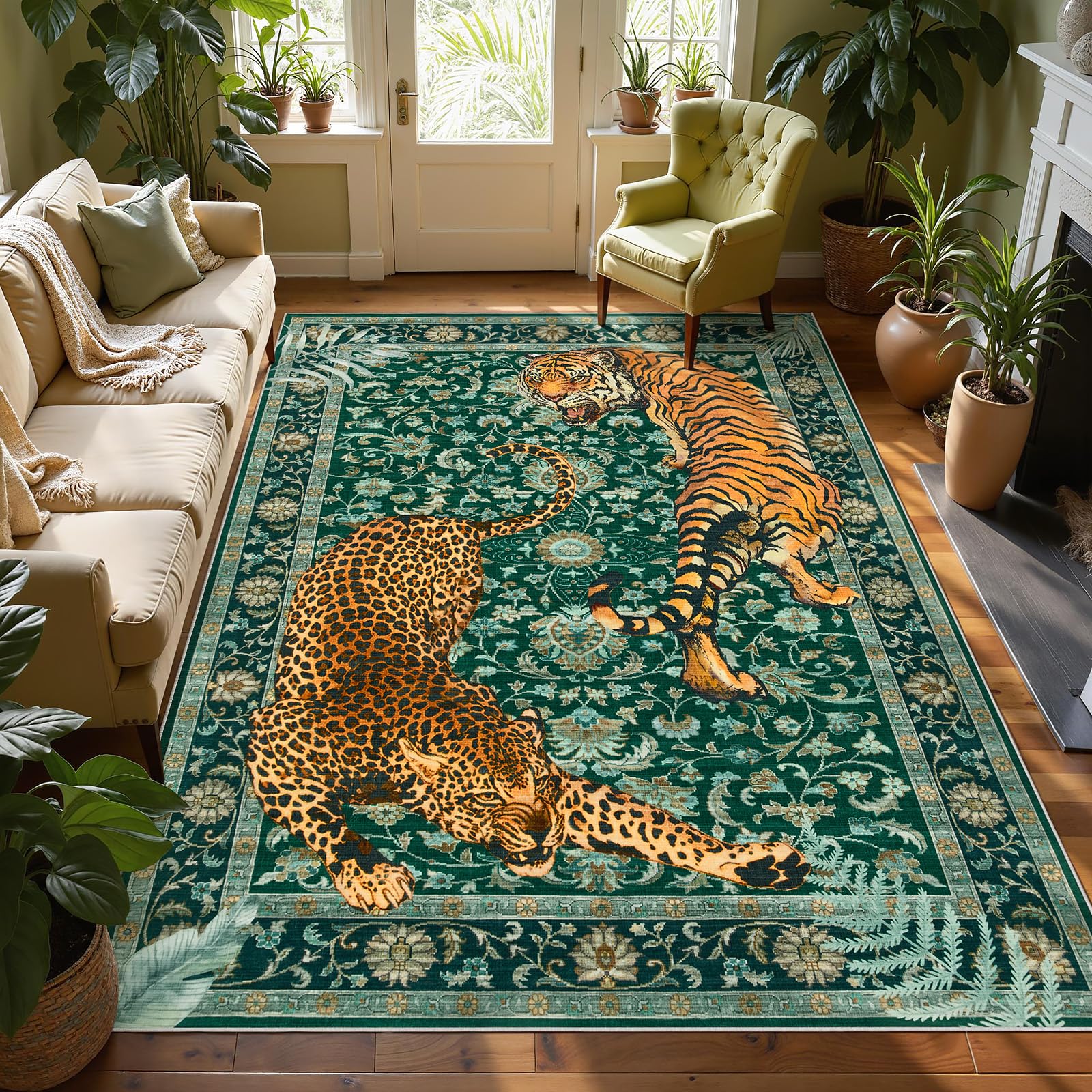 Joydeco tiger print 5x7 rug in living room — plush softness for daily comfort.