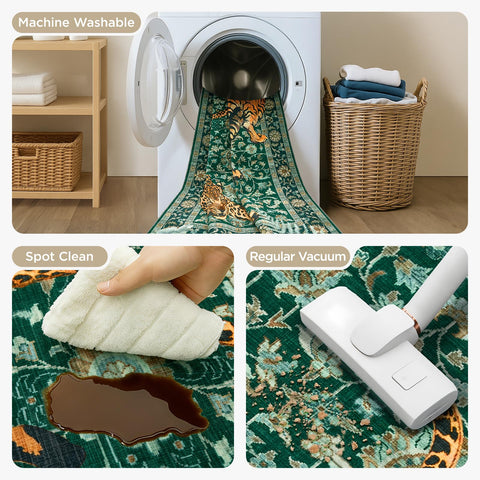 Joydeco tiger print 5x7 rug showing easy machine wash capability.