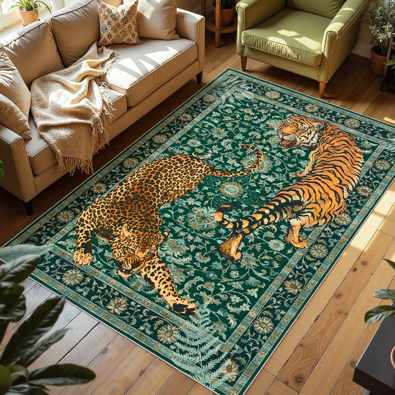 Joydeco tiger print 5x7 rug close-up — ultra-soft faux wool texture.